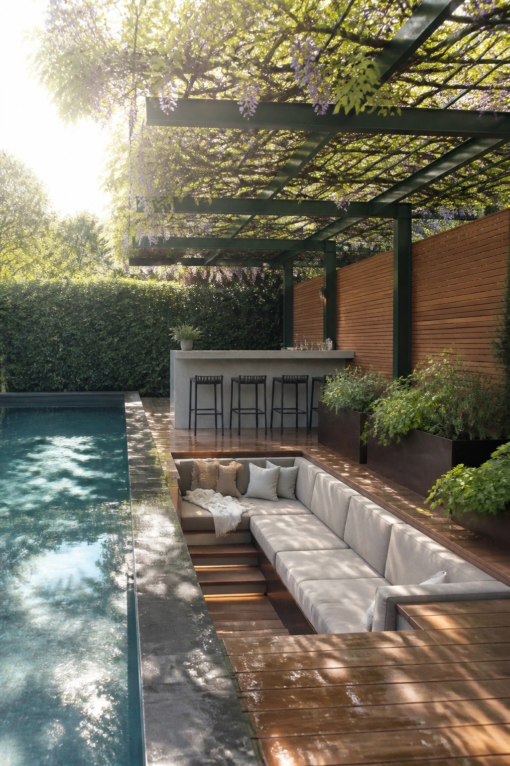 22 Contemporary Pool Shade Ideas in Minimalist Outdoor Settings A modern outdoor pool area with a dark green pergola covered in vines and purple flowers, built-in gray seating, and a concrete bar with stools on a wooden deck.