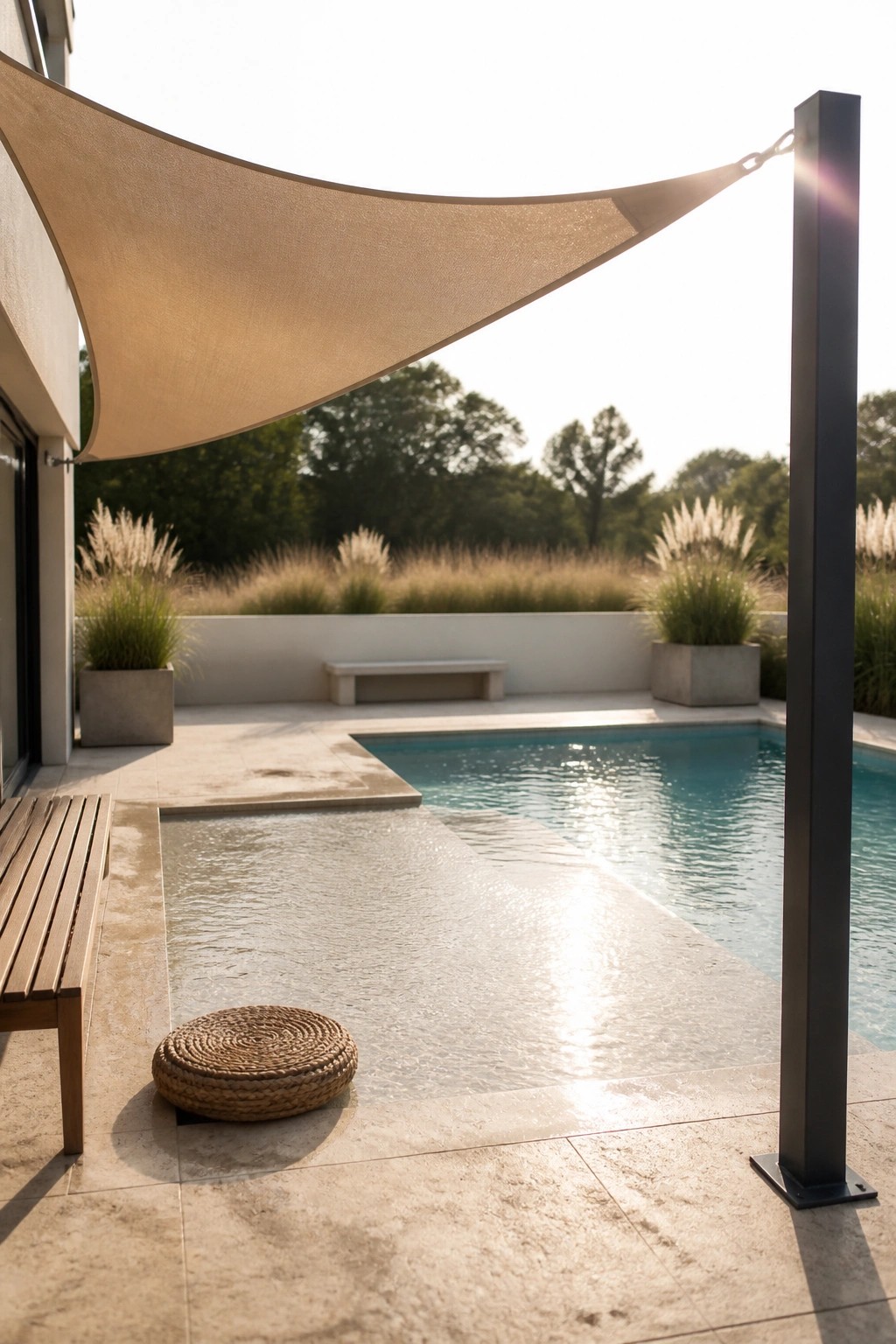 22 Contemporary Pool Shade Ideas in Minimalist Outdoor Settings A large beige fabric shade sail stretched above a minimalist concrete pool deck with a swimming pool, wooden bench, woven cushion, and potted grasses.