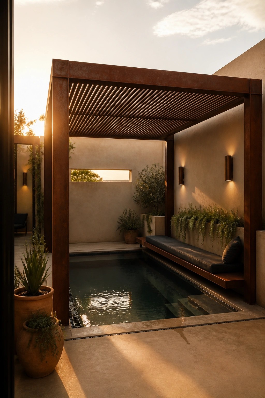 22 Contemporary Pool Shade Ideas in Minimalist Outdoor Settings Modern pool patio under slatted pergola with bench, plants, and sunset glow