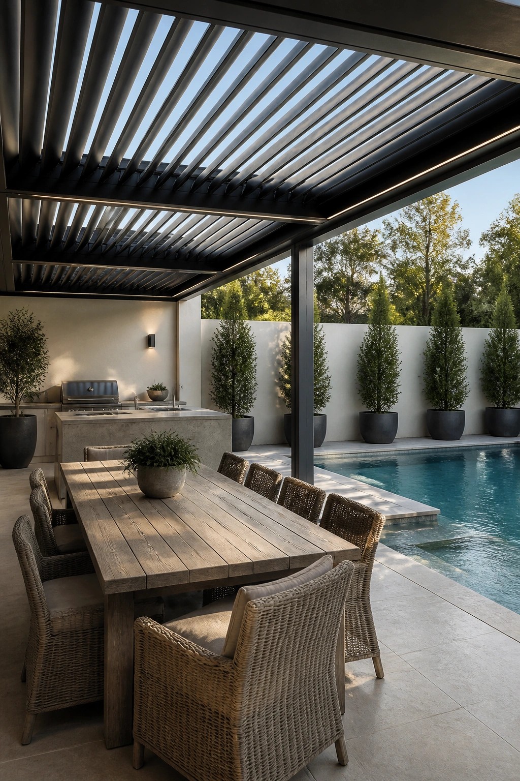 22 Contemporary Pool Shade Ideas in Minimalist Outdoor Settings Modern wooden dining table with woven chairs beside pool under slatted pergola.