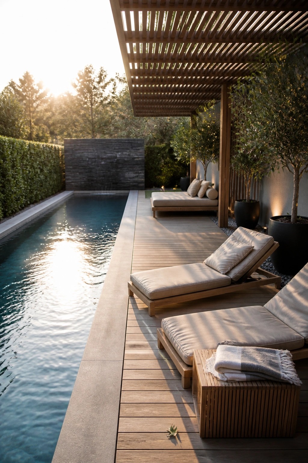 22 Contemporary Pool Shade Ideas in Minimalist Outdoor Settings A long swimming pool beside a wooden deck with beige lounge chairs positioned under a slatted wooden pergola and potted trees along the edge.