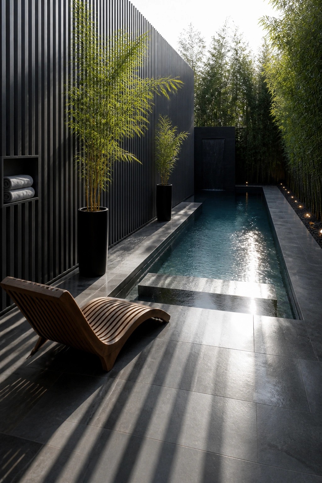 22 Contemporary Pool Shade Ideas in Minimalist Outdoor Settings A long rectangular pool beside a dark vertical slatted wall lined with tall potted bamboo plants, a wooden lounge chair on gray stone tiles, and sunlight reflecting on the water.