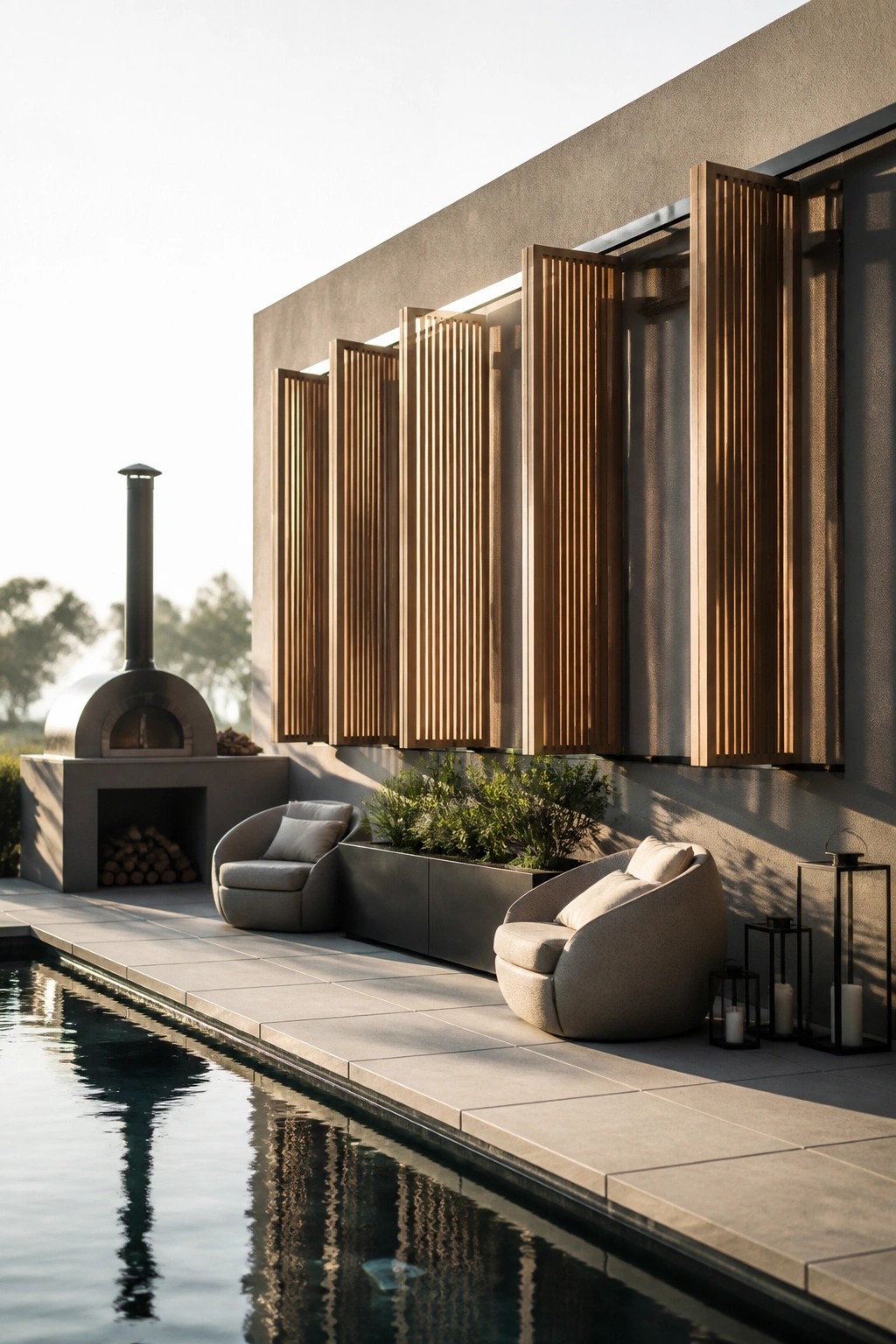 22 Contemporary Pool Shade Ideas in Minimalist Outdoor Settings A minimalist poolside patio with gray curved seating, a concrete planter, a pizza oven, and vertical wooden slat screens mounted on a concrete wall.