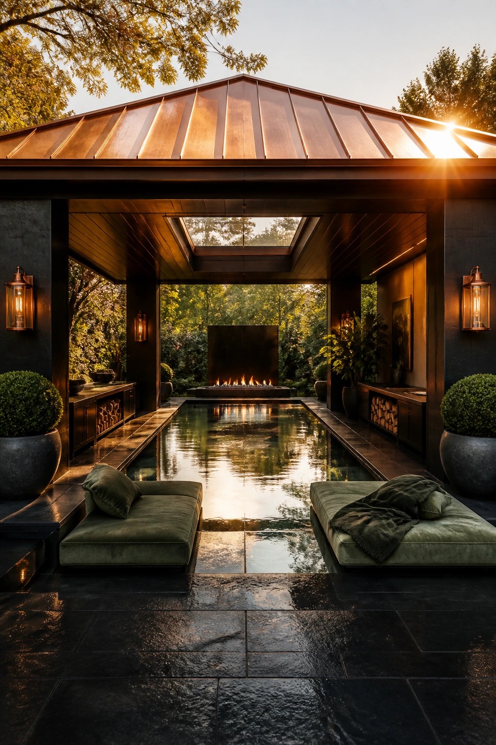 23 Creative Pool Canopy Ideas Designed for Full-Day Pool Comfort A long pool under a metal roof canopy with a fireplace at the far end and two green lounge chairs beside the water.