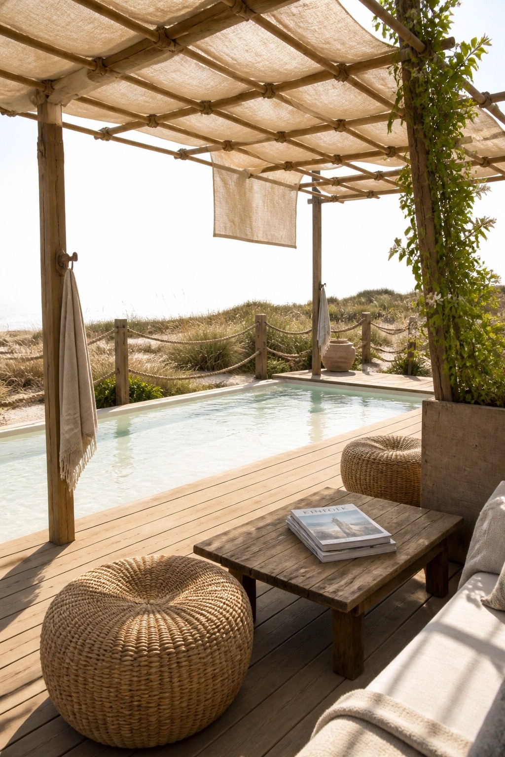 23 Creative Pool Canopy Ideas Designed for Full-Day Pool Comfort A wooden pool deck with a bamboo pole canopy covered in loose beige fabric, two woven poufs, a low wooden table holding magazines, and a view of dunes beyond the pool.