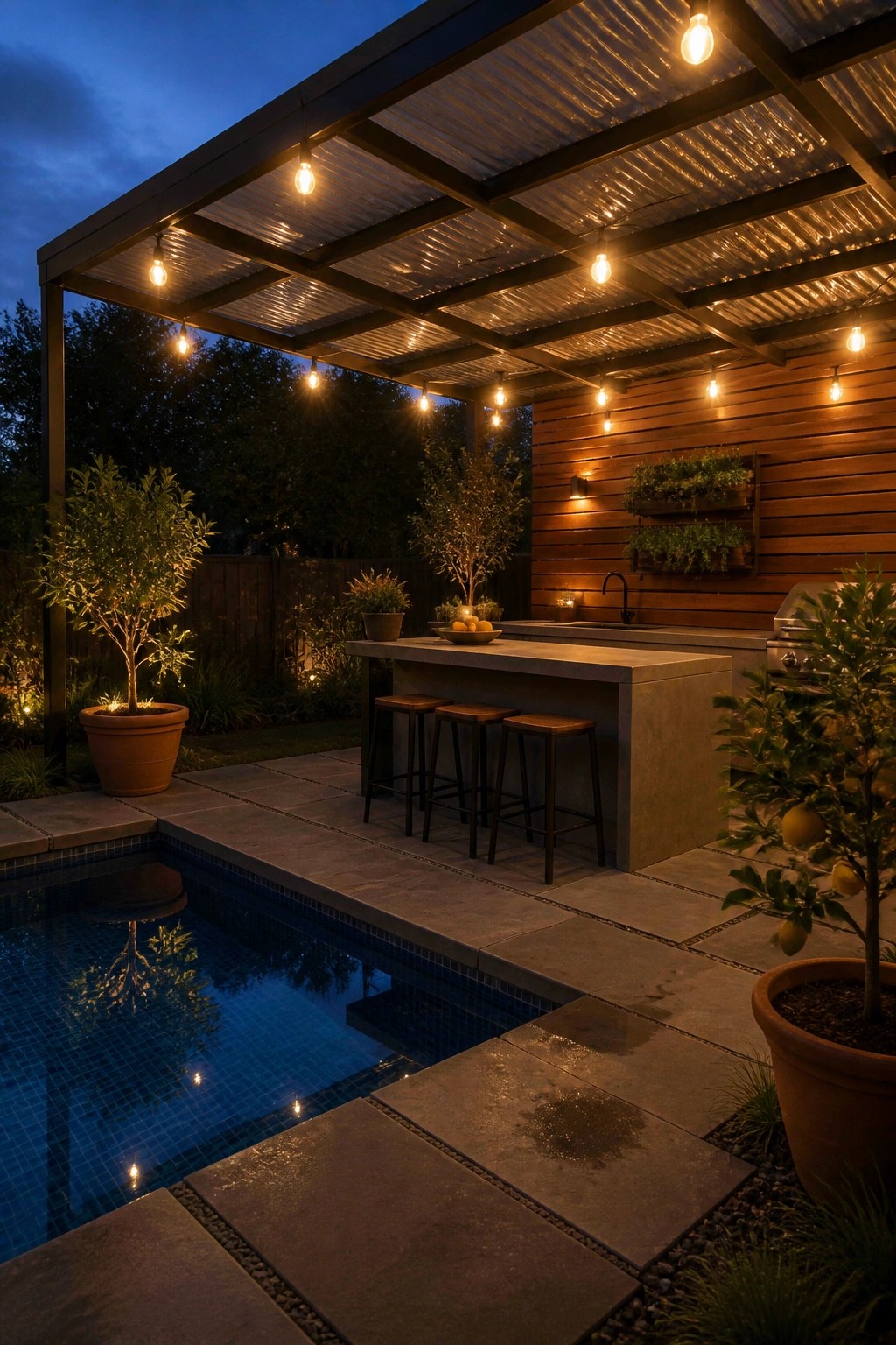 23 Creative Pool Canopy Ideas Designed for Full-Day Pool Comfort A swimming pool beside a covered concrete bar with three stools, string lights, and potted plants at dusk.