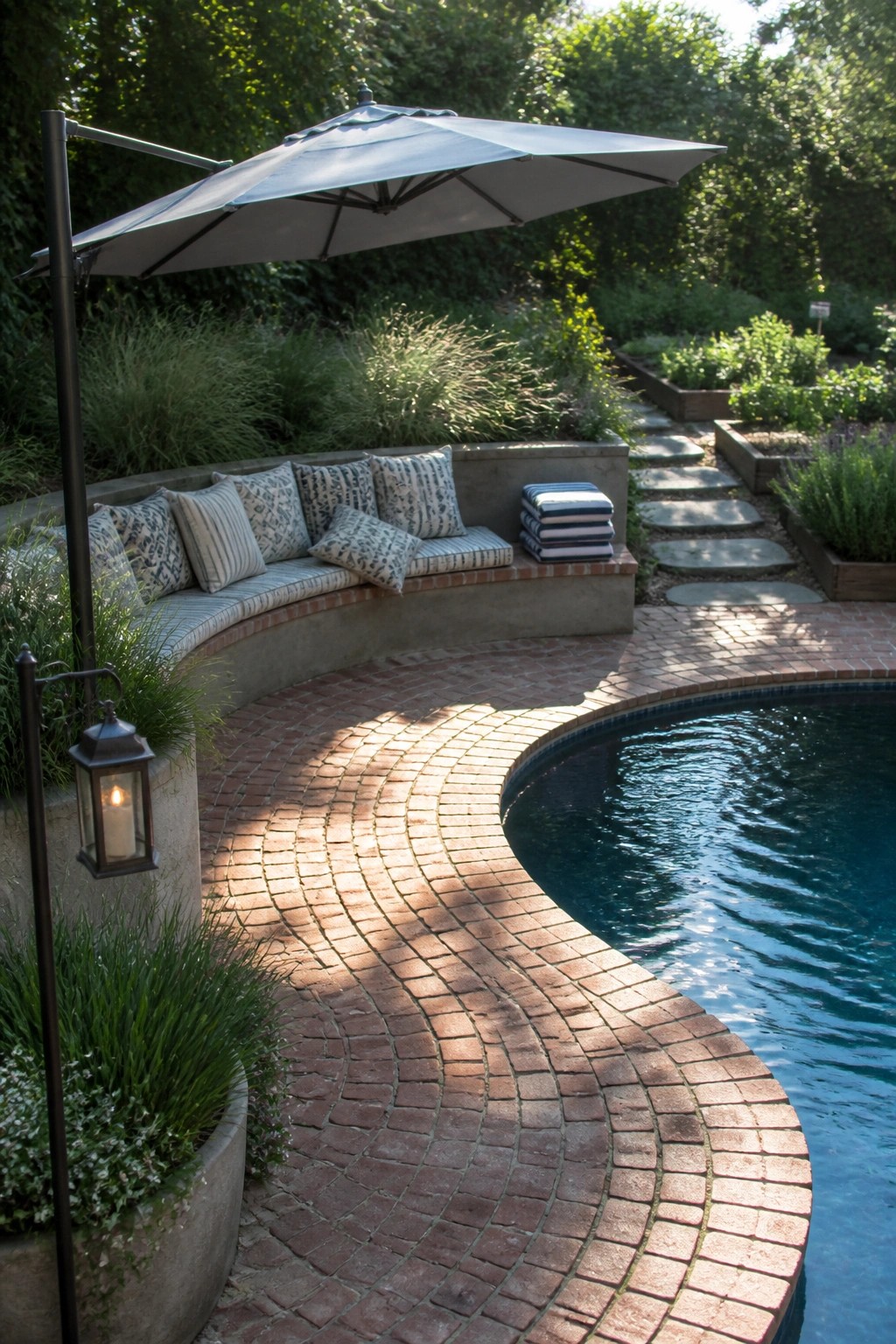 23 Creative Pool Canopy Ideas Designed for Full-Day Pool Comfort A large gray cantilever umbrella shades a curved built-in bench with patterned cushions next to a brick-edged swimming pool.