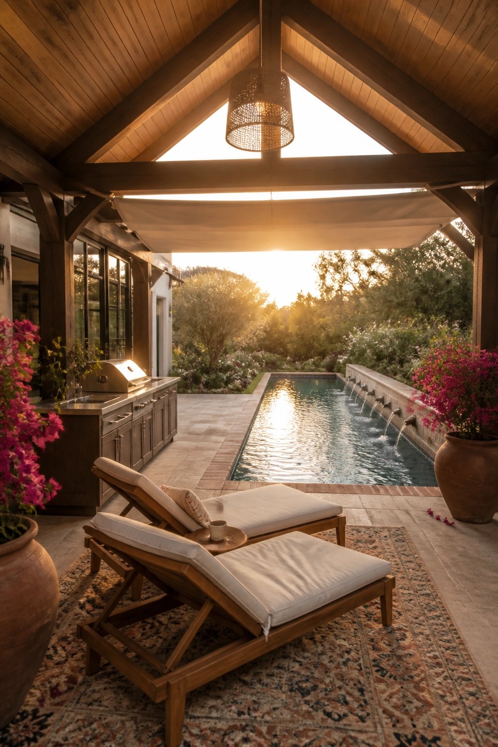 23 Creative Pool Canopy Ideas Designed for Full-Day Pool Comfort A rectangular pool with water spouts along one side sits under a wooden beam structure with a stretched fabric awning and two wooden lounge chairs on a patterned rug.
