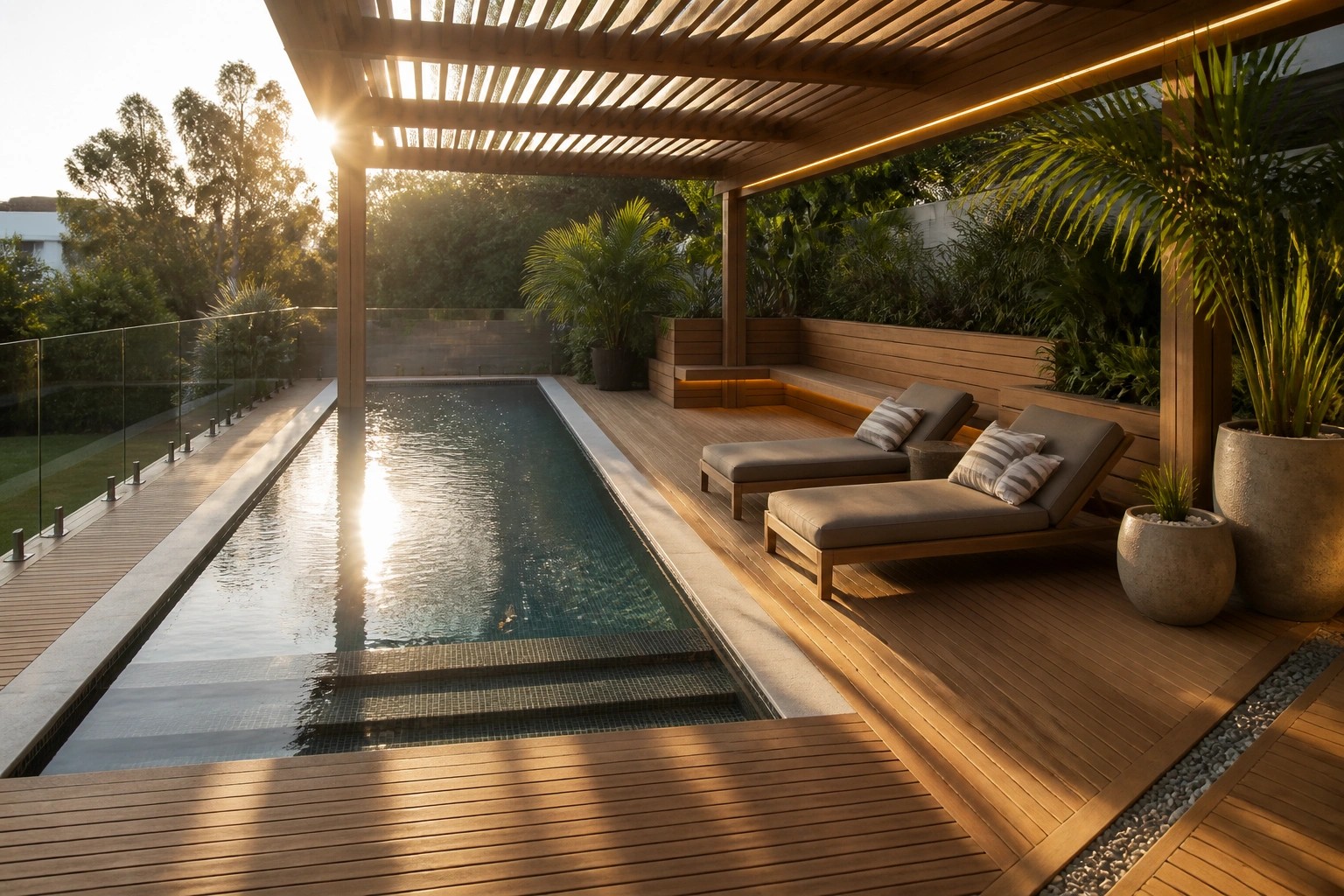 23 Creative Pool Canopy Ideas Designed for Full-Day Pool Comfort A rectangular swimming pool with blue mosaic tiles borders a wooden deck that holds two gray lounge chairs beneath a slatted wooden pergola structure.