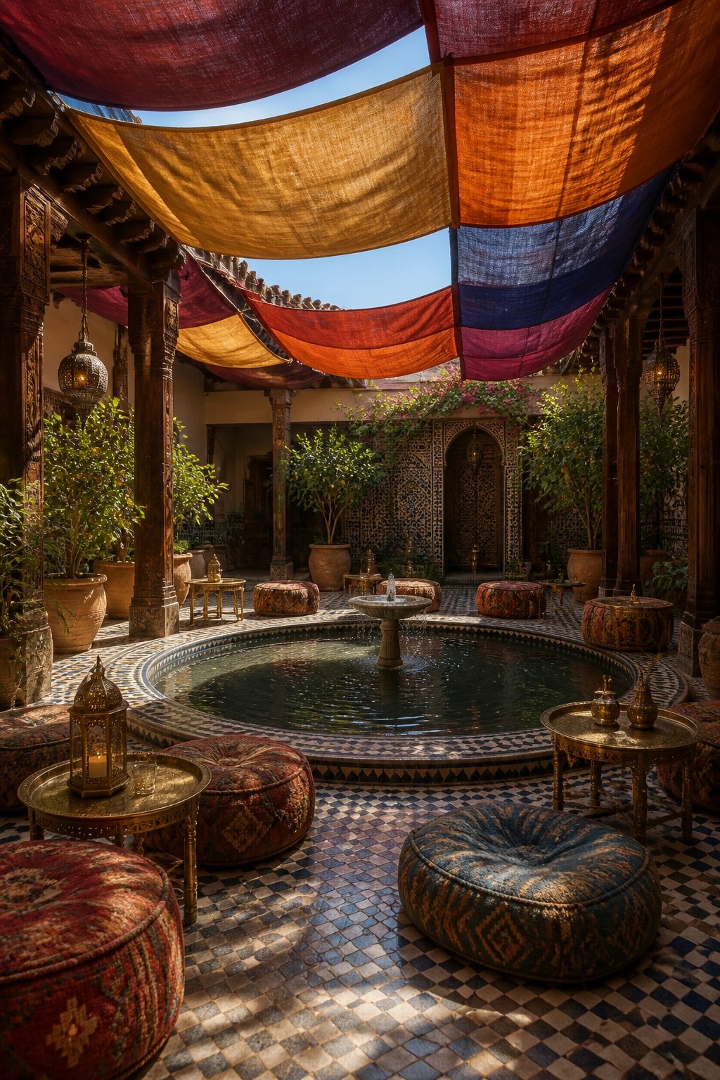 23 Creative Pool Canopy Ideas Designed for Full-Day Pool Comfort A courtyard pool surrounded by colorful layered fabric canopies, patterned floor tiles, and low seating with lanterns and potted plants.