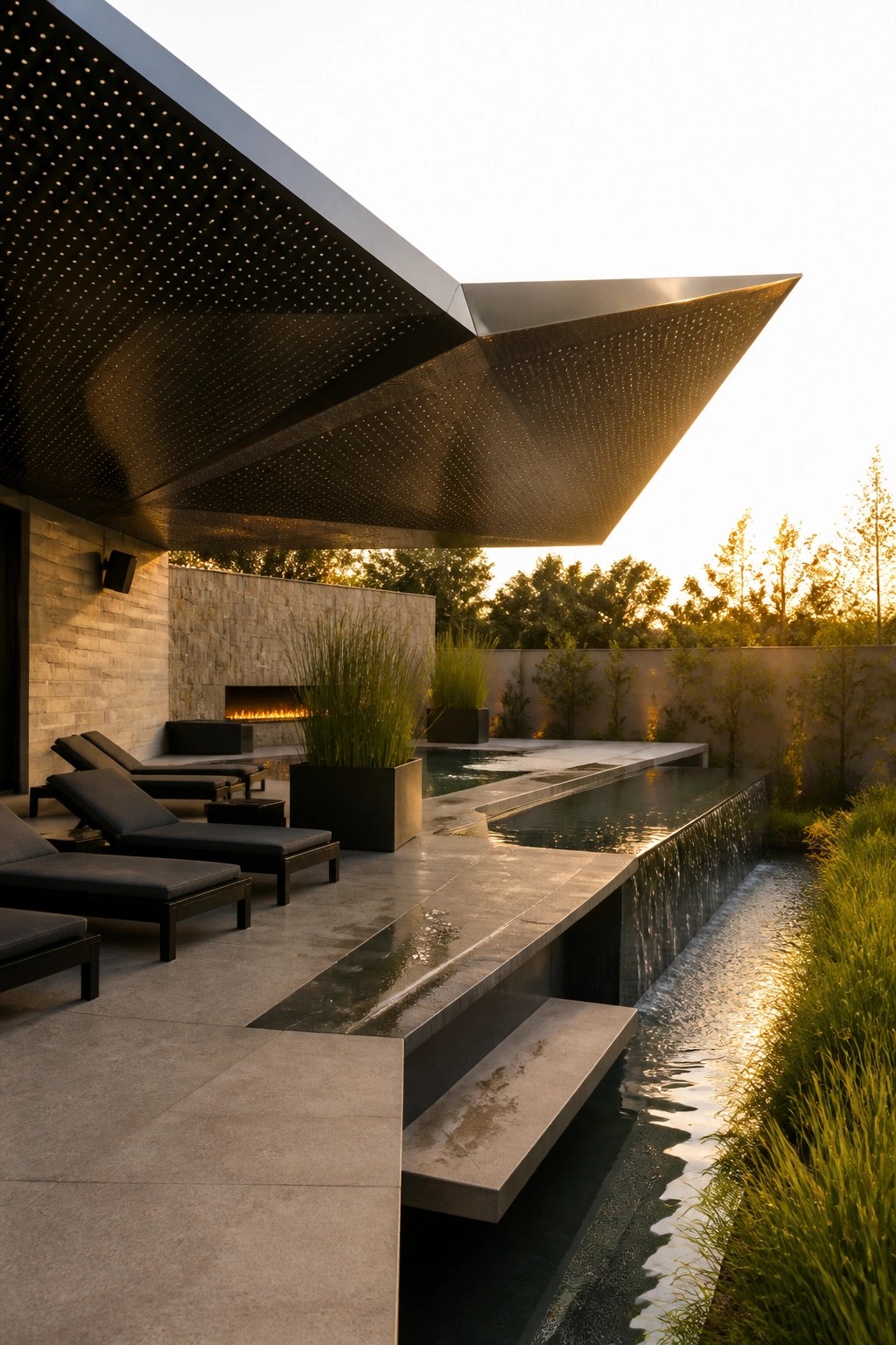 23 Creative Pool Canopy Ideas Designed for Full-Day Pool Comfort A modern pool deck with a large angular perforated metal canopy, dark lounge chairs, a linear pool with waterfall edge, and a stone fire feature at sunset.