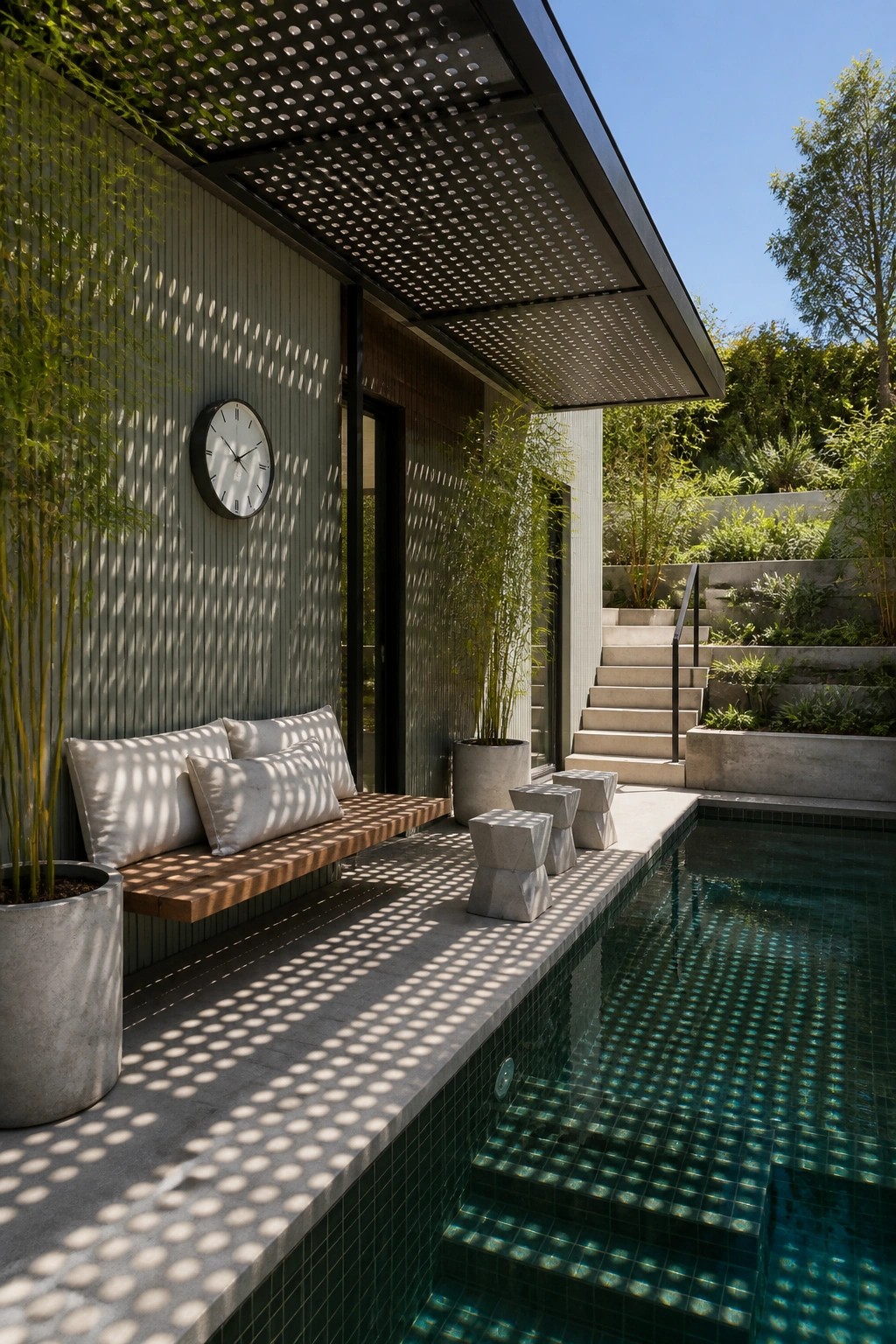 23 Creative Pool Canopy Ideas Designed for Full-Day Pool Comfort A modern outdoor pool area features a perforated metal canopy shading a wooden bench with light cushions and geometric concrete stools next to a green-tiled swimming pool, with stairs and plants in the background.