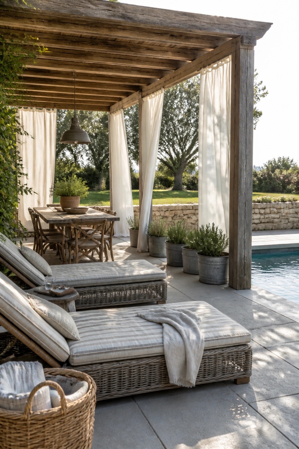 23 Creative Pool Canopy Ideas Designed for Full-Day Pool Comfort A wooden pergola with white curtains beside a swimming pool, featuring lounge chairs, a dining table, and potted plants on a stone patio.