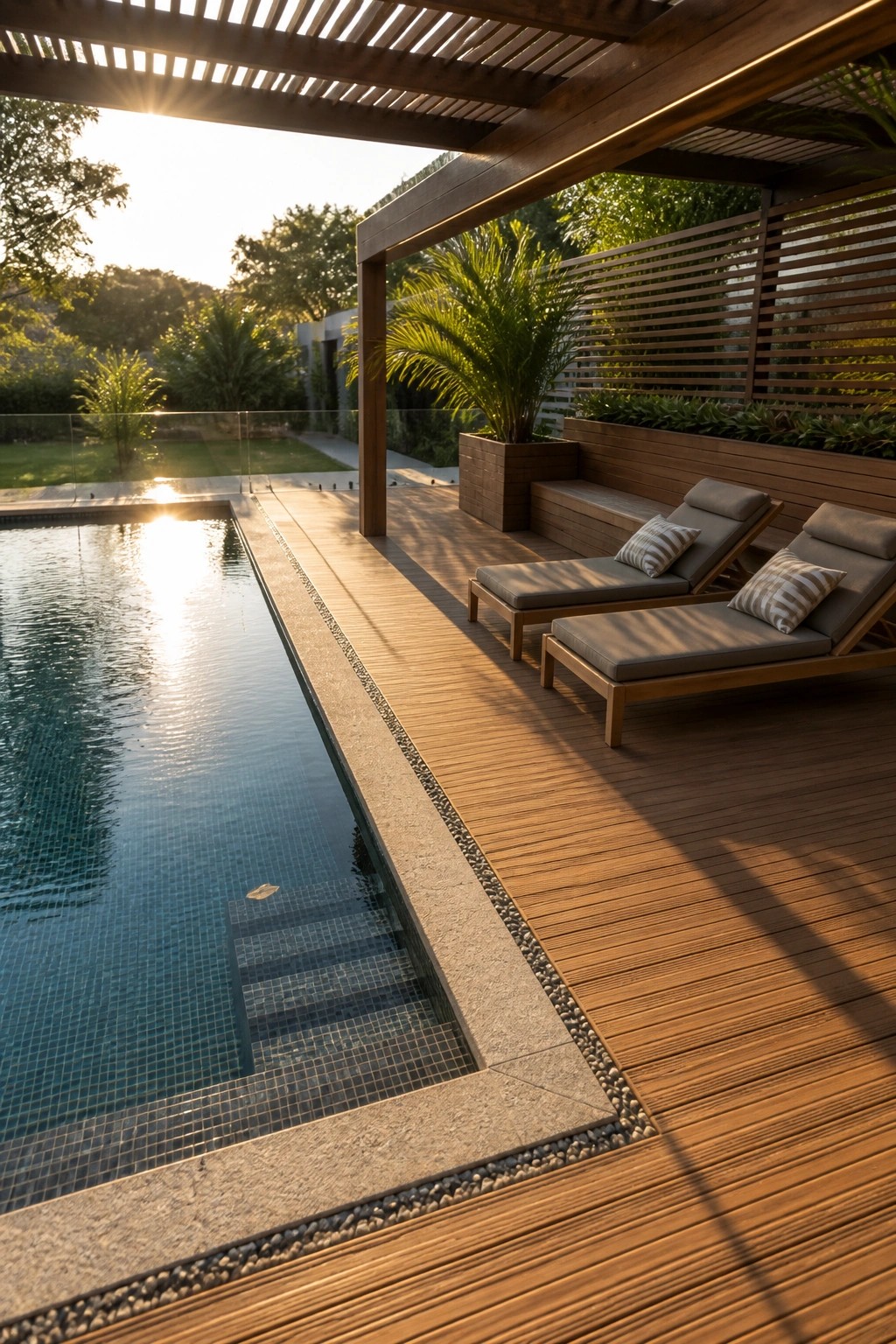 23 Creative Pool Canopy Ideas Designed for Full-Day Pool Comfort A rectangular swimming pool with blue mosaic tiles borders a wooden deck that holds two gray lounge chairs beneath a slatted wooden pergola structure.