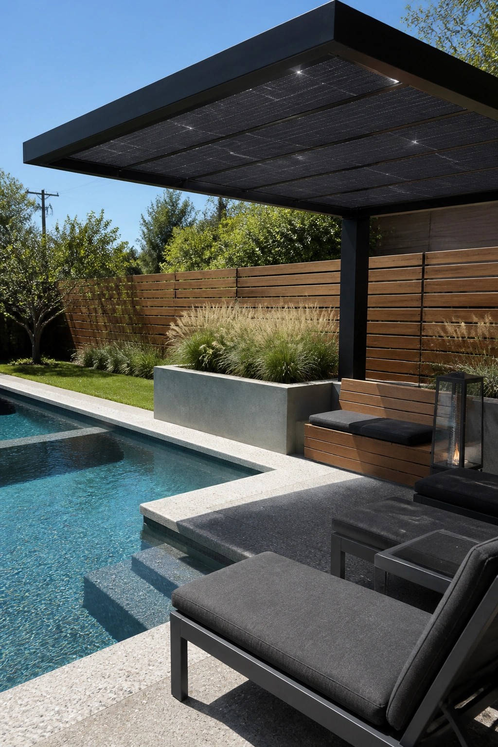 23 Creative Pool Canopy Ideas Designed for Full-Day Pool Comfort A modern pool deck with a black solar panel canopy overhead, dark lounge chairs, a concrete planter with grasses, and wooden bench seating beside a rectangular swimming pool.