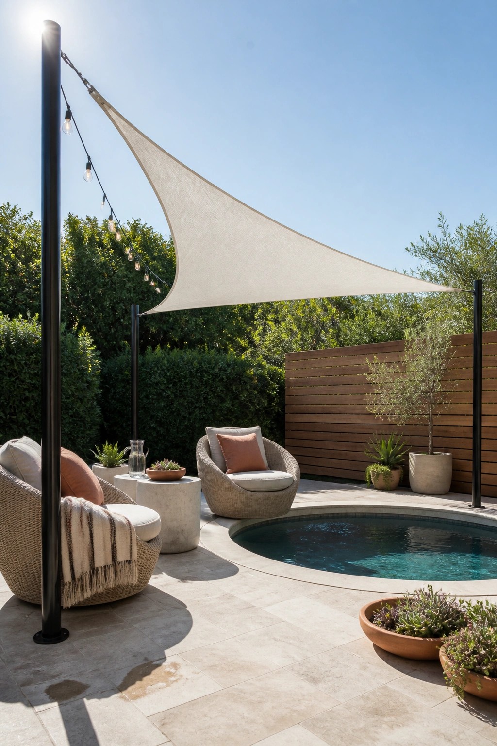 23 Creative Pool Canopy Ideas Designed for Full-Day Pool Comfort Modern patio with wicker chairs, shade sail over circular pool, string lights, and plants.
