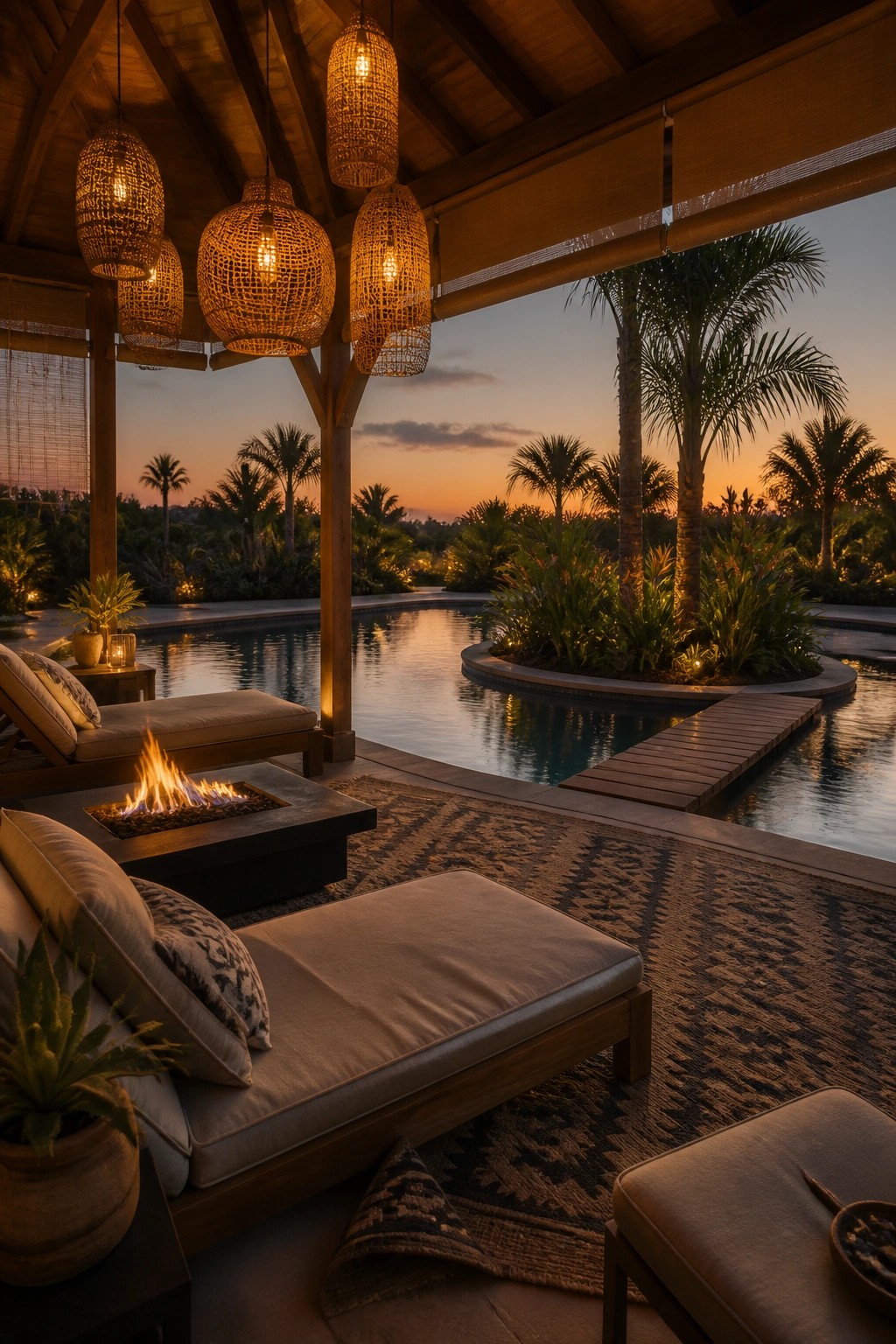 23 Creative Pool Canopy Ideas Designed for Full-Day Pool Comfort Luxurious tropical patio with woven lanterns, fire pit, and sunset pool view