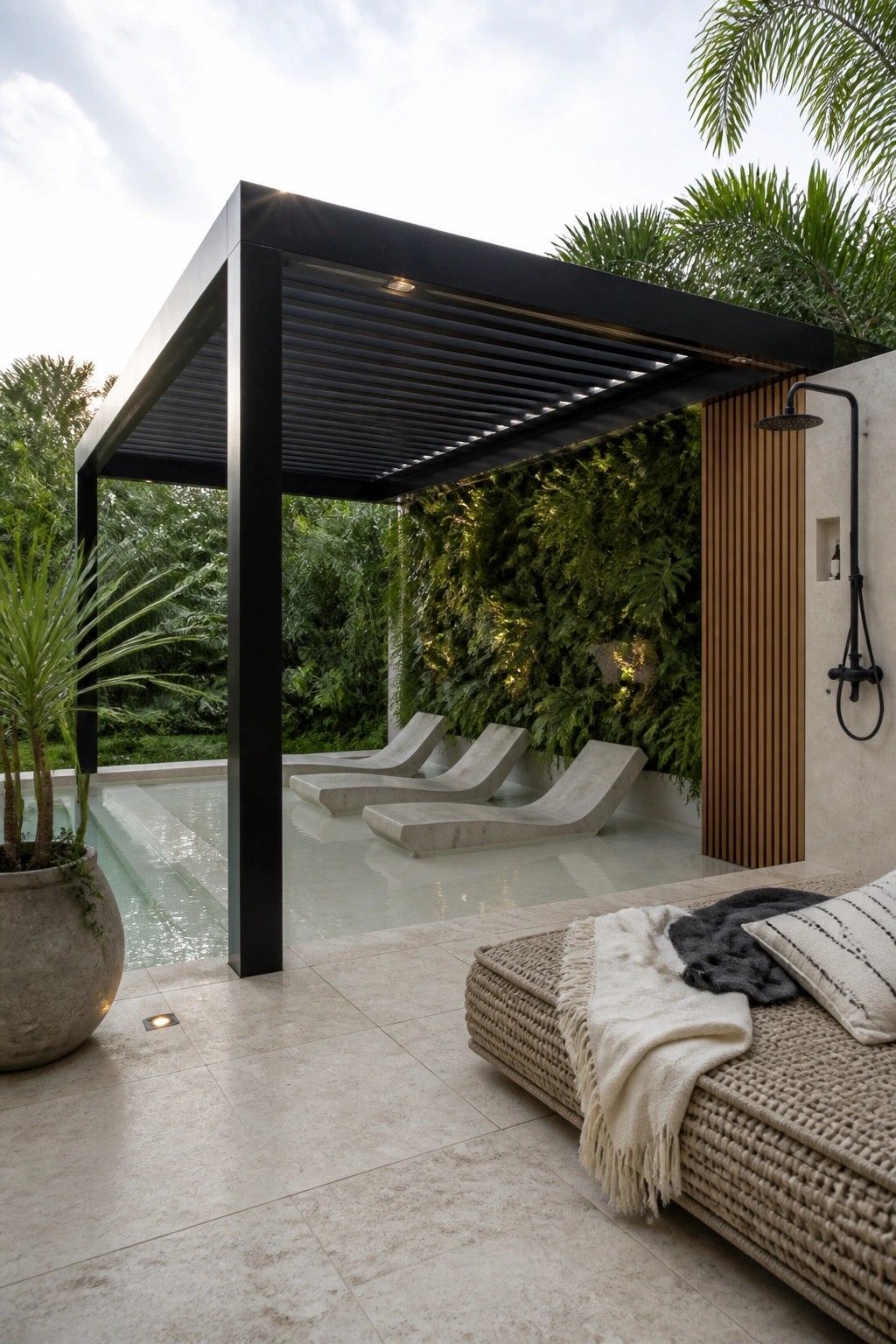 23 Creative Pool Canopy Ideas Designed for Full-Day Pool Comfort A modern black metal canopy with horizontal slats covers concrete lounge chairs beside a swimming pool, next to a living green wall and outdoor shower.