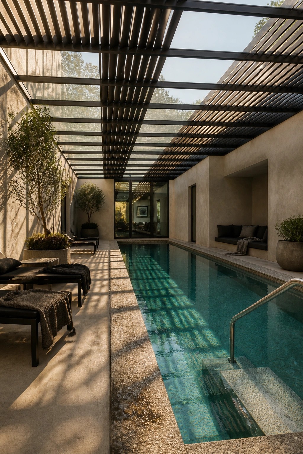 23 Creative Pool Canopy Ideas Designed for Full-Day Pool Comfort Modern sunlit pool with lounge chairs, potted plants, and slatted overhead roof.