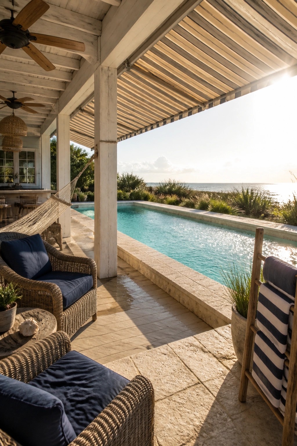 23 Creative Pool Canopy Ideas Designed for Full-Day Pool Comfort A covered patio with a slatted wooden canopy next to a long rectangular pool overlooking the ocean.