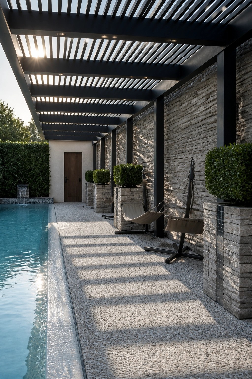 23 Creative Pool Canopy Ideas Designed for Full-Day Pool Comfort A black slatted pergola runs above a gravel path beside a turquoise pool, with stone walls, potted plants, and hanging chairs along the side.