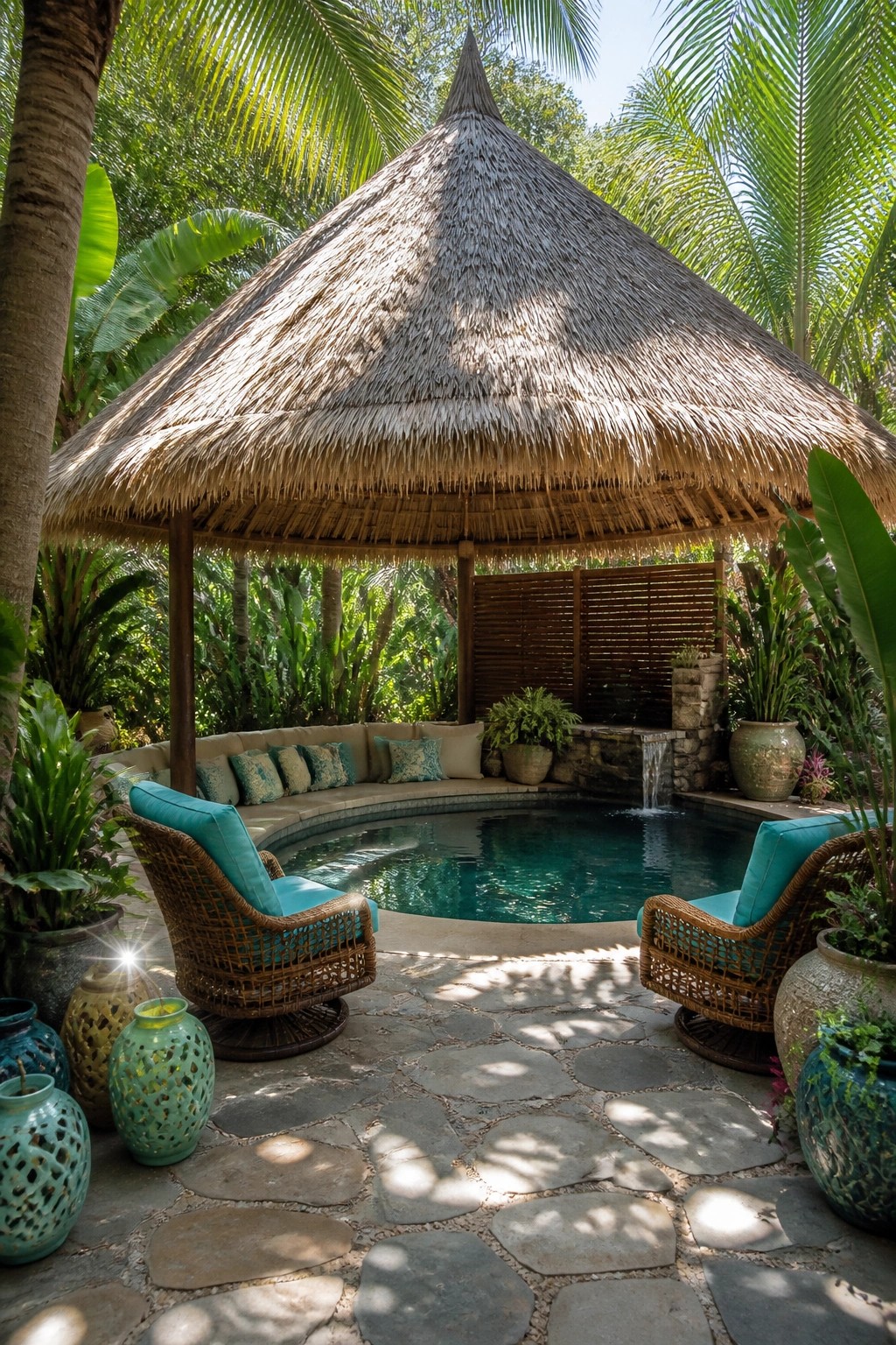 23 Creative Pool Canopy Ideas Designed for Full-Day Pool Comfort Thatched pavilion over circular pool with turquoise wicker chairs on stone patio