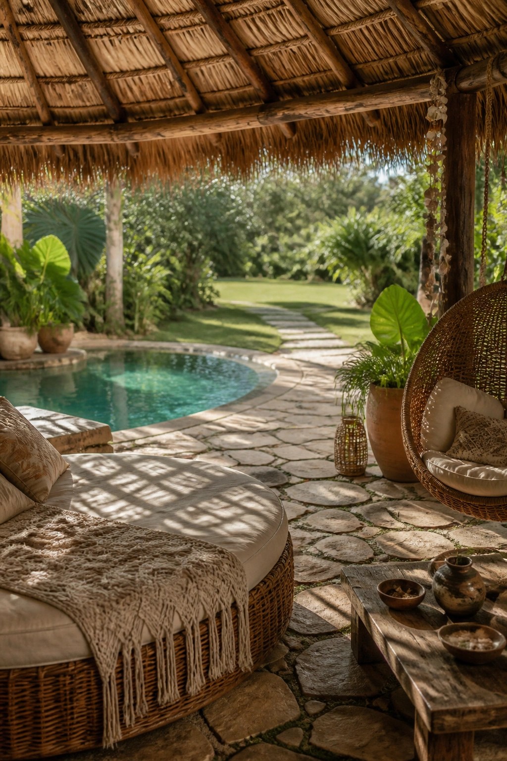 23 Creative Pool Canopy Ideas Designed for Full-Day Pool Comfort A swimming pool with a thatched canopy overhead, round wicker daybed, hanging chair, and stone patio leading to a garden path.