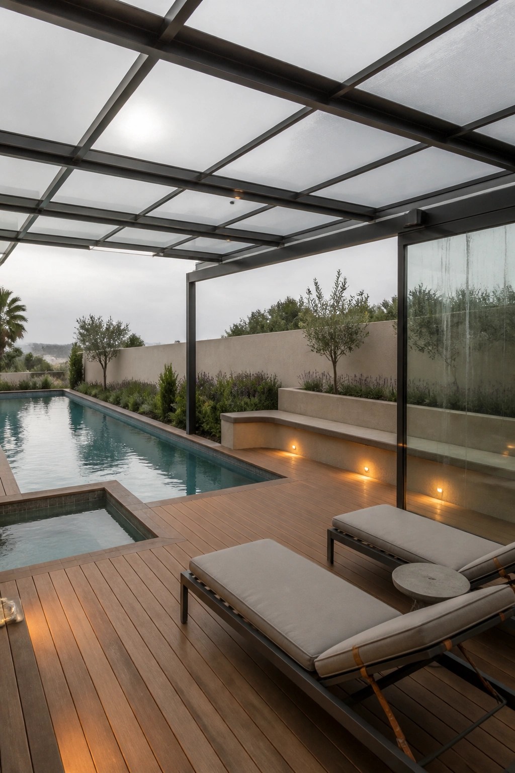 23 Creative Pool Canopy Ideas Designed for Full-Day Pool Comfort A poolside deck with a dark metal-framed translucent canopy overhead, wooden flooring, and two lounge chairs.