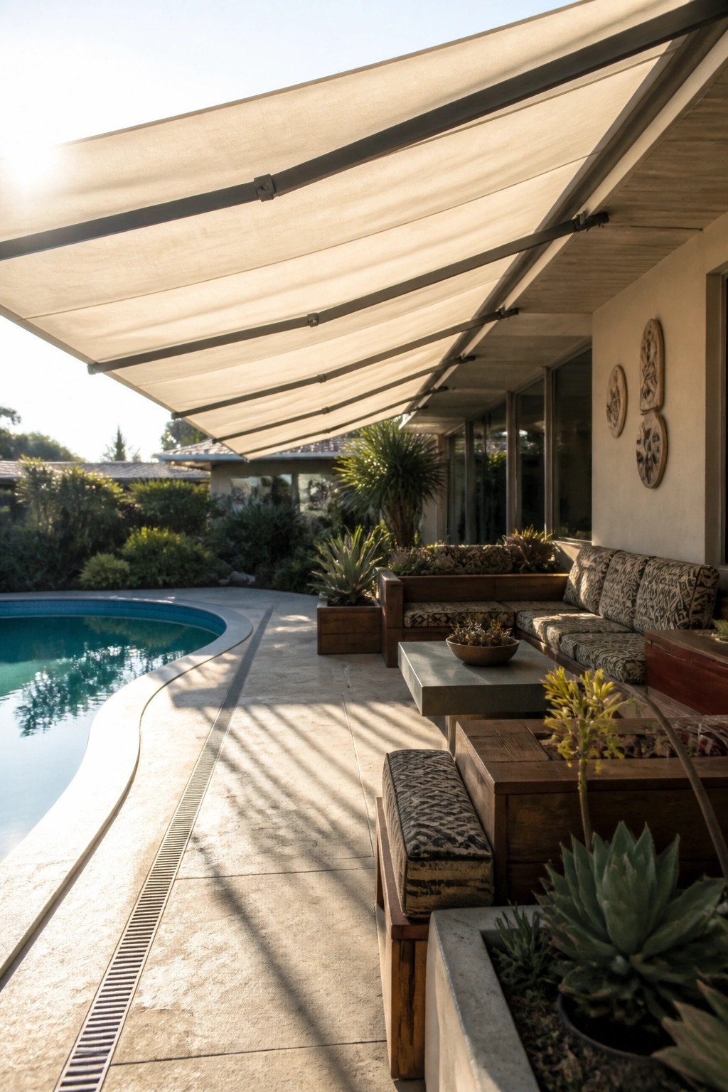 23 Creative Pool Canopy Ideas Designed for Full-Day Pool Comfort A large beige canopy extends over wooden outdoor seating beside a curved swimming pool on a stone patio.