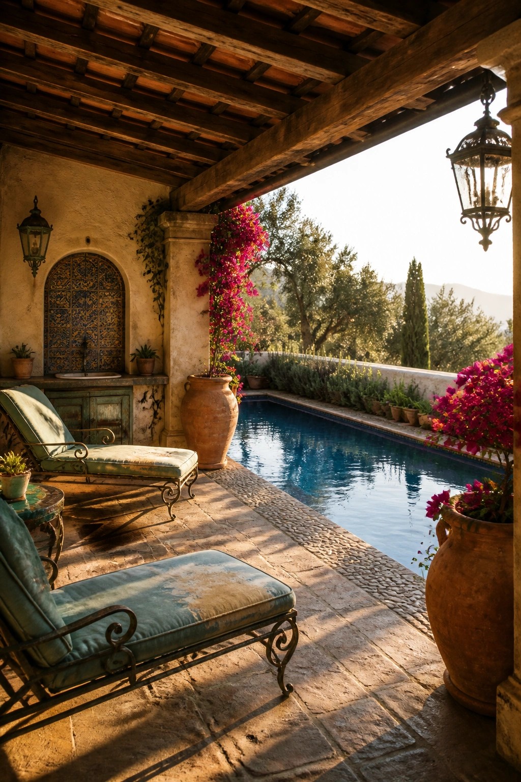 23 Creative Pool Canopy Ideas Designed for Full-Day Pool Comfort Covered terrace with green lounge chairs, terracotta pots of pink flowers, and pool