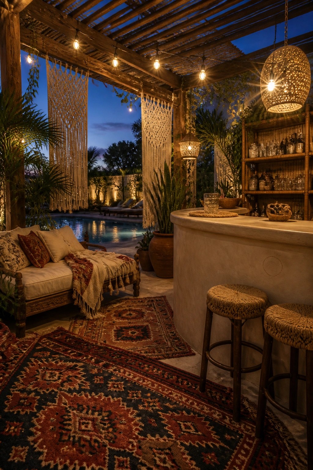 An outdoor cabana at dusk with a curved stone bar, two woven stools, patterned rugs, and a swimming pool visible beyond.