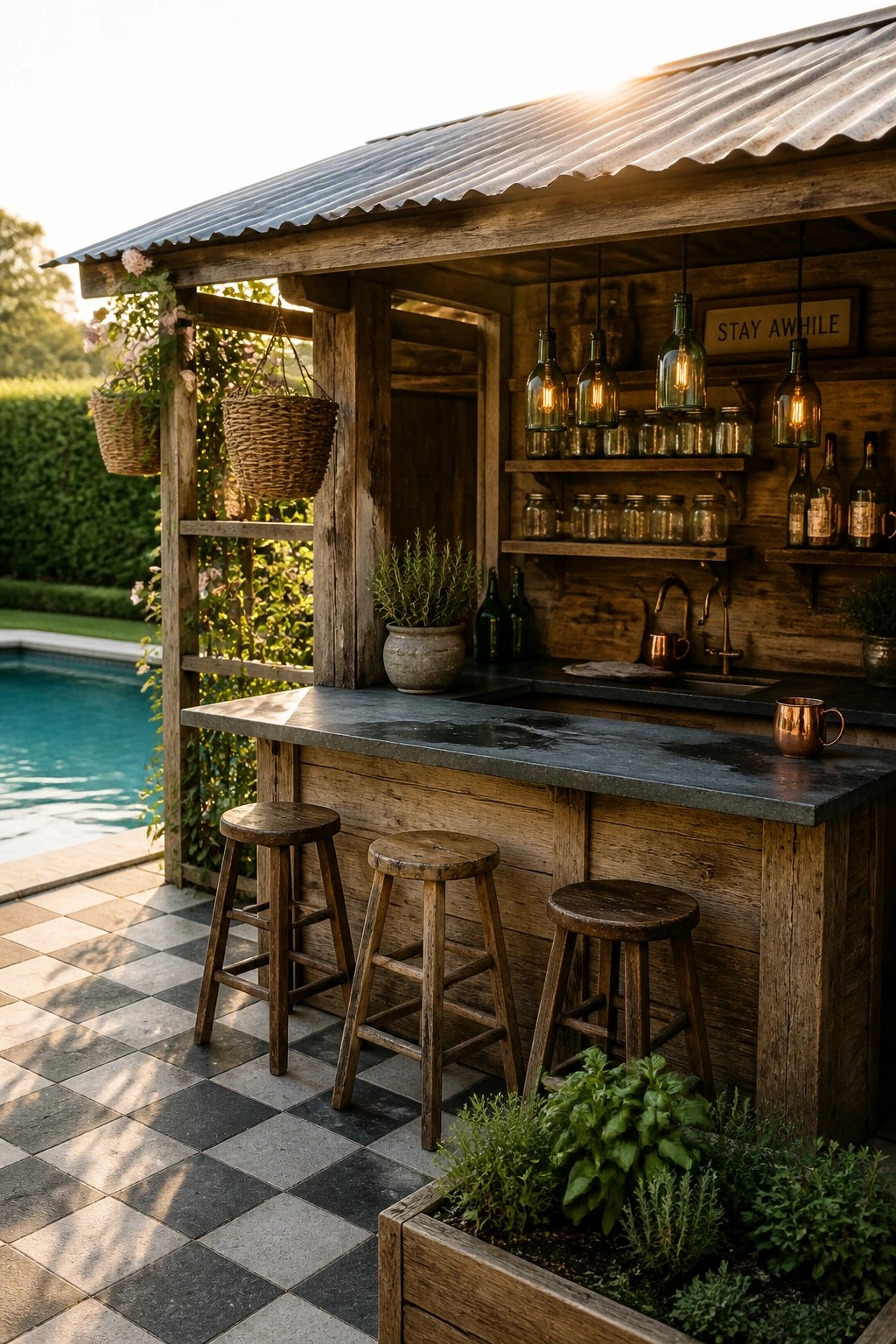 A wooden outdoor bar with a stone countertop, three rustic stools, and hanging bottle lights sits beside a swimming pool on a checkered patio.