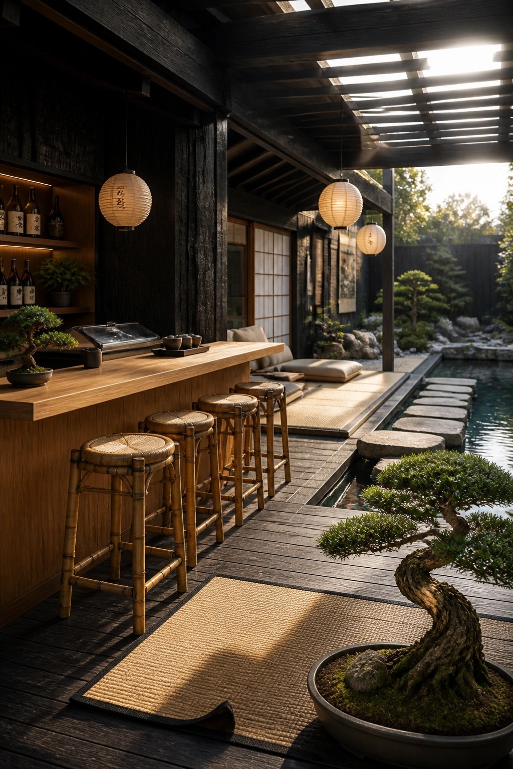 A wooden outdoor bar with bamboo stools sits under a dark roof beside a pool, with paper lanterns hanging above and stepping stones leading across the water.