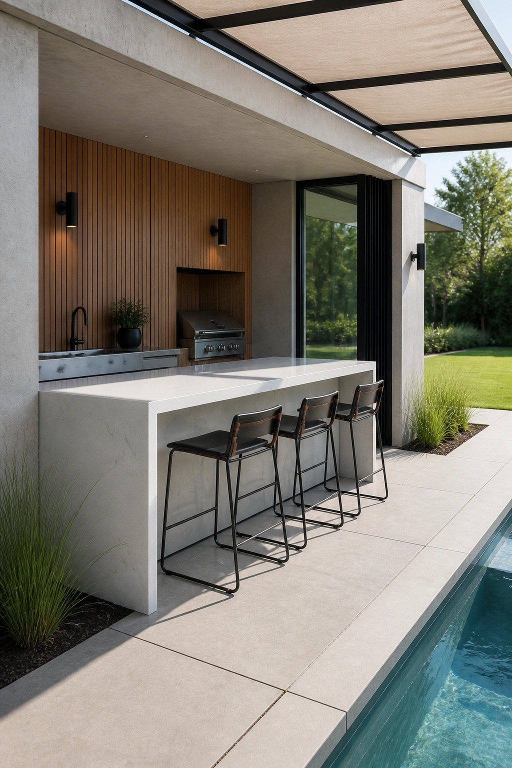An outdoor bar with a white stone counter and four black bar stools lined up beside a swimming pool under a covered structure with a built-in grill and sink.
