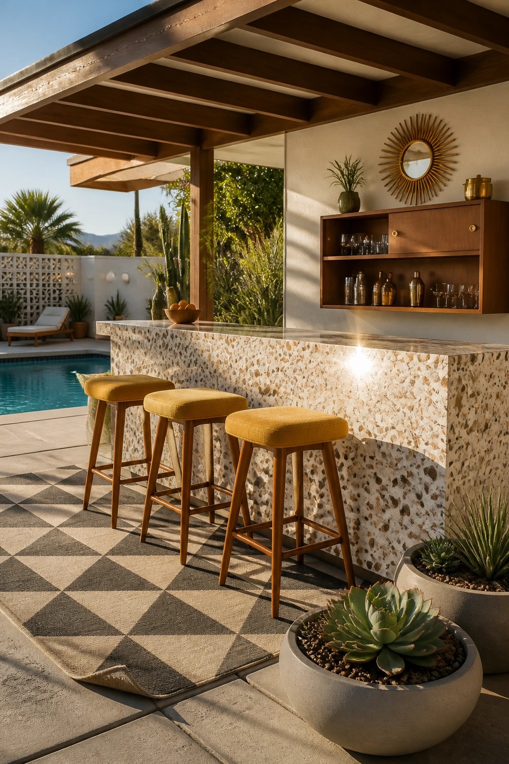An outdoor poolside bar with a speckled stone counter, three yellow upholstered stools, and wooden upper cabinets holding glassware.