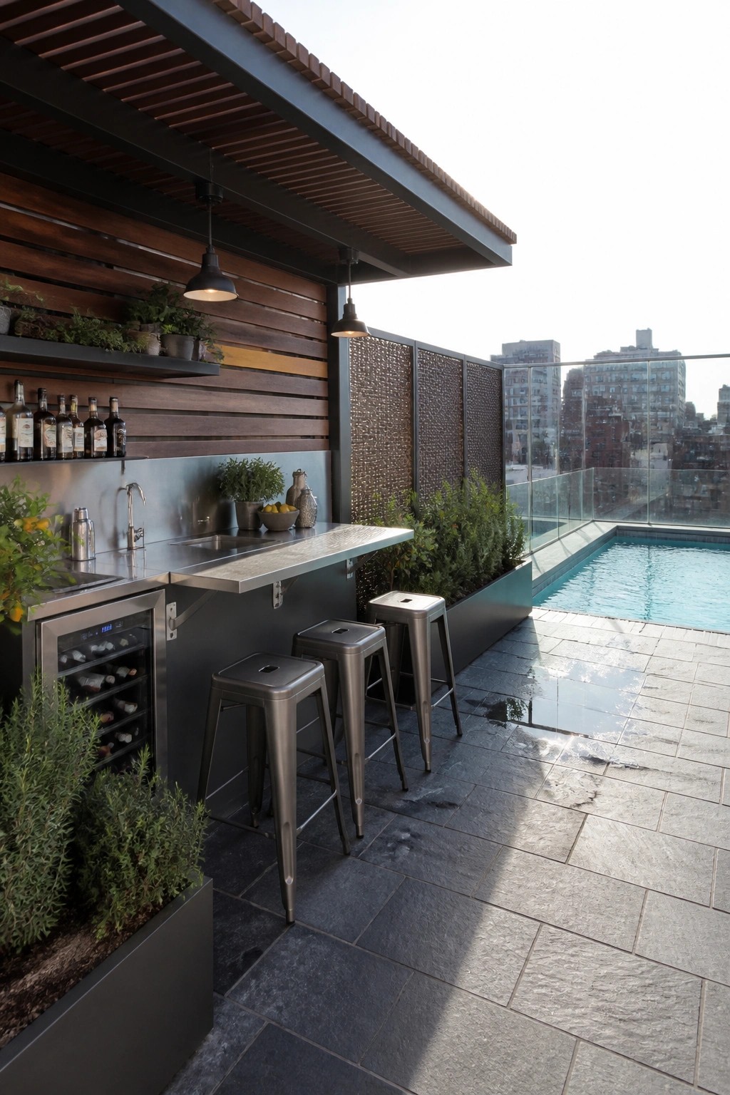Modern rooftop bar with stainless counter, metal stools, and pool overlooking city skyline