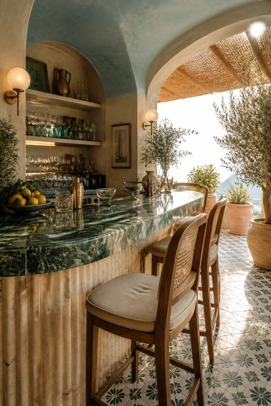 An outdoor bar area with a curved green marble countertop, wooden bar stools with cane backs, and patterned tile flooring under arched openings.