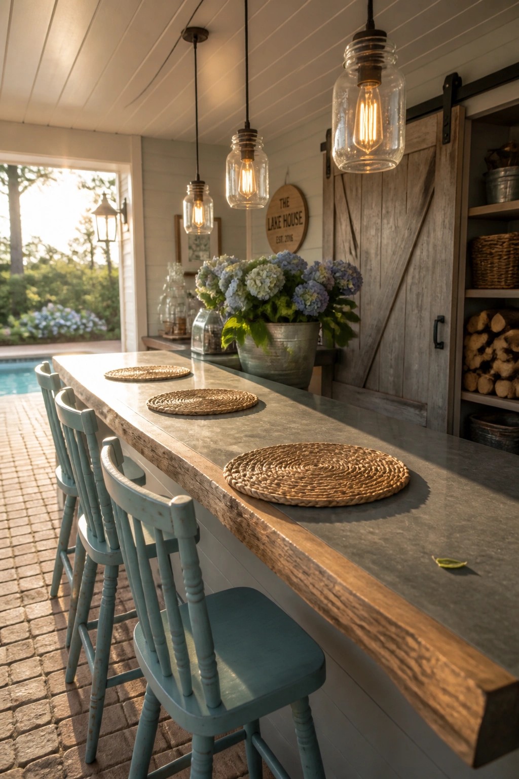An outdoor bar with a long wooden and metal countertop, blue wooden stools, woven placemats, and glass pendant lights, with a pool visible in the background.