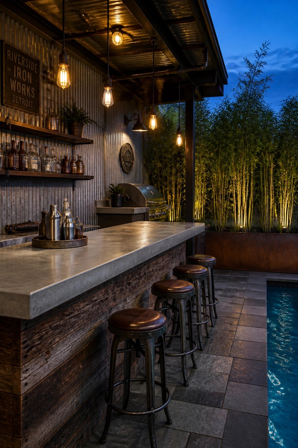 An outdoor bar area with a concrete countertop, four metal stools with brown seats, hanging pendant lights, and a pool visible on the right side.