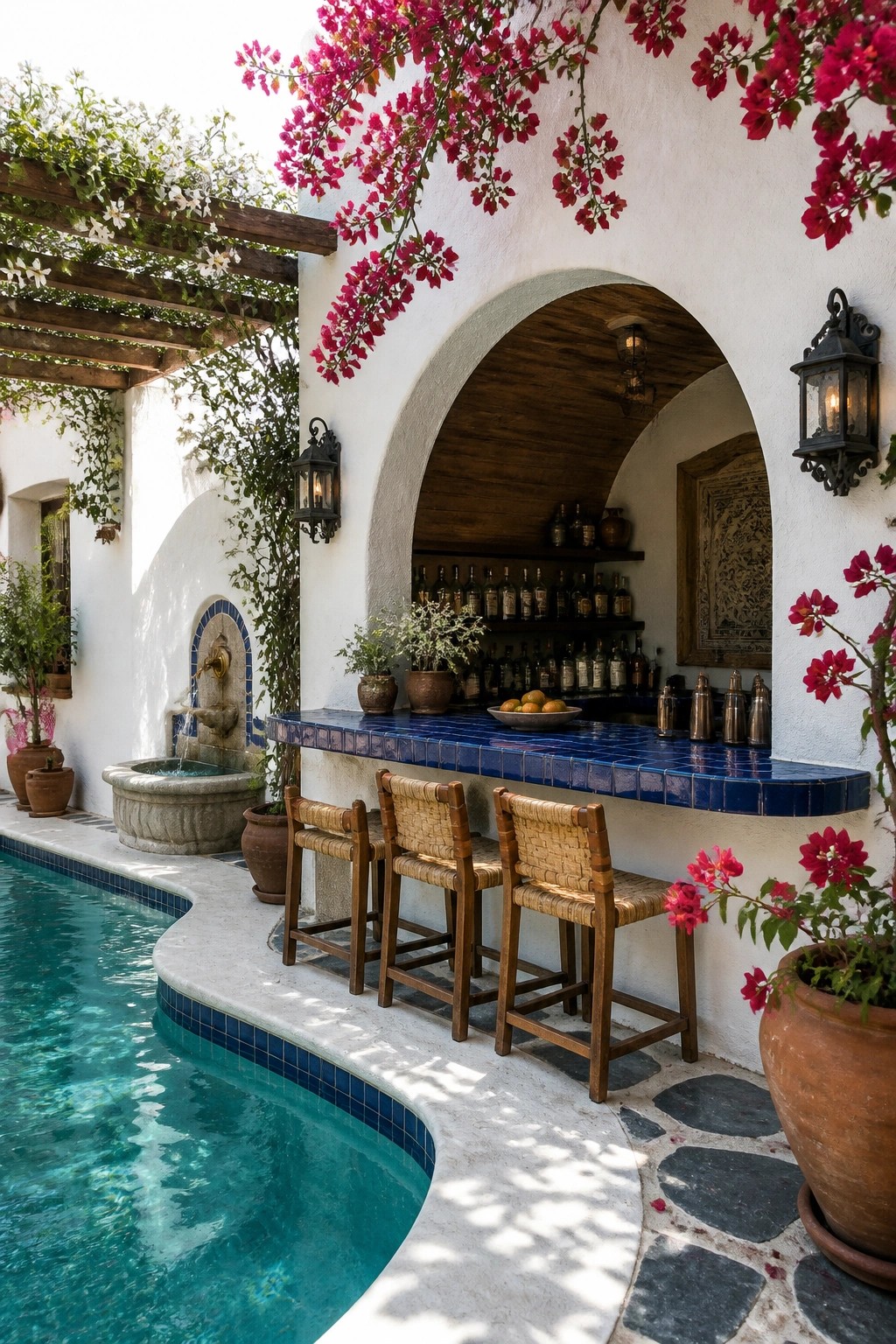 A curved swimming pool beside a white stucco wall with an arched niche containing a blue tiled bar counter and three wooden bar stools.