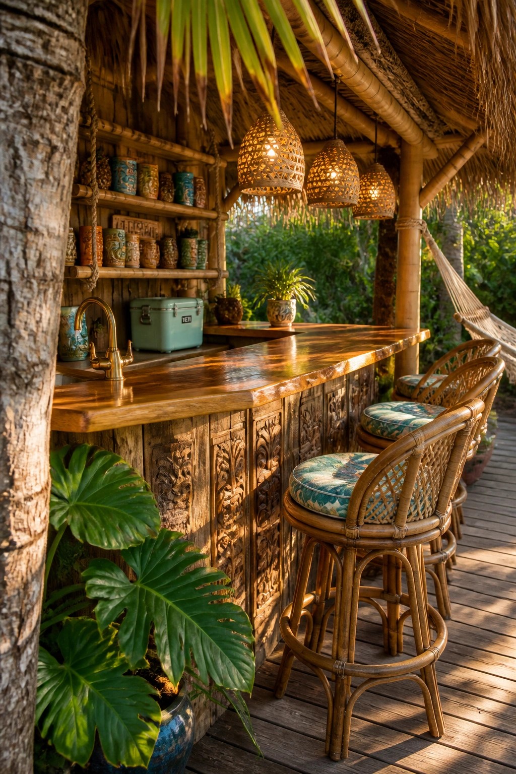 An outdoor bar with a carved wooden front, brass faucet, woven bar stools, and hanging rattan lights under a thatched roof on a wooden deck.