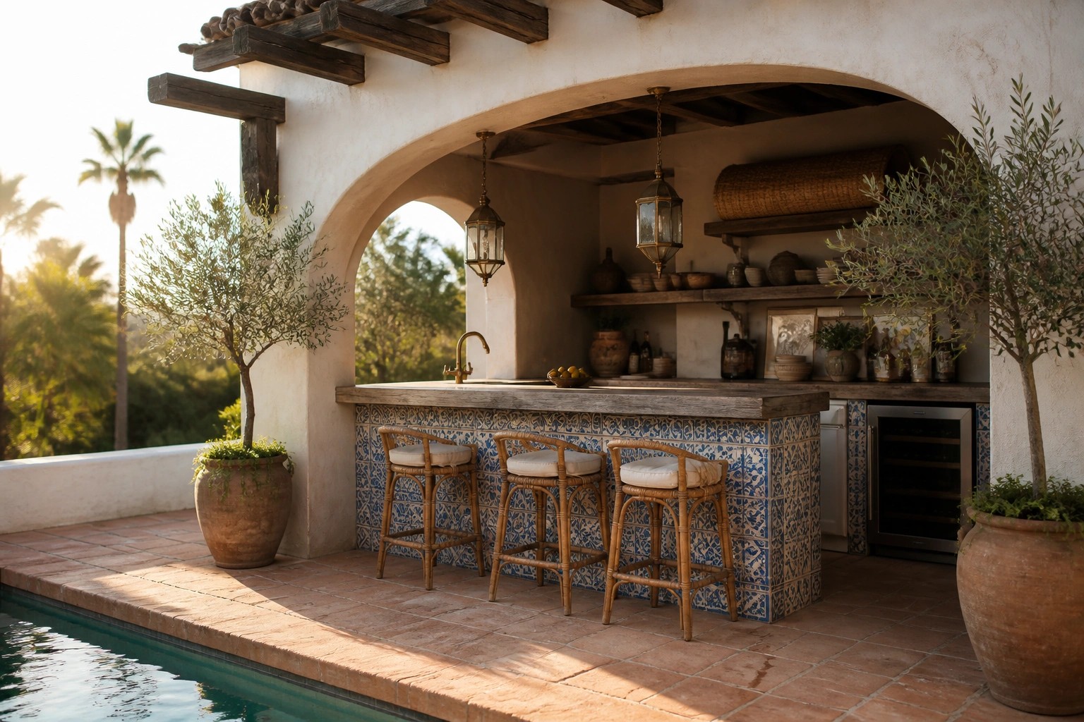 An outdoor bar with a blue and white tiled front, three rattan stools, and hanging lanterns sits under a wooden roof next to a swimming pool.
