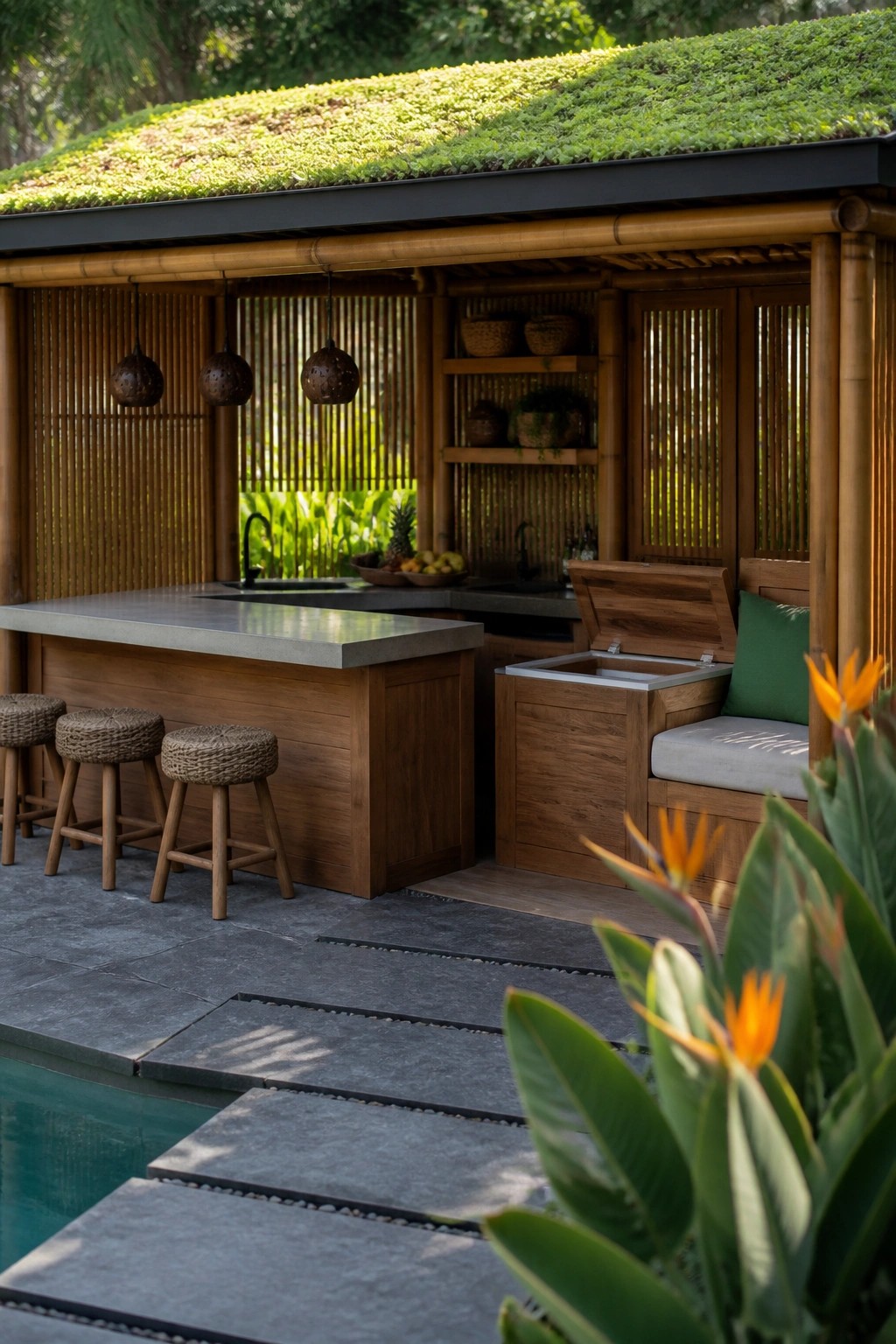 Outdoor wooden cabana with a concrete bar counter, three woven stools, and an open ice chest next to a swimming pool.