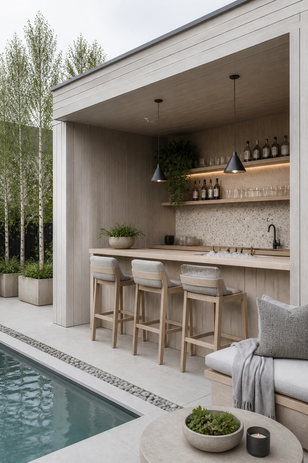 A covered outdoor bar with a light wood counter, three bar stools, open shelving with bottles and glasses, and a sink, positioned next to a swimming pool.