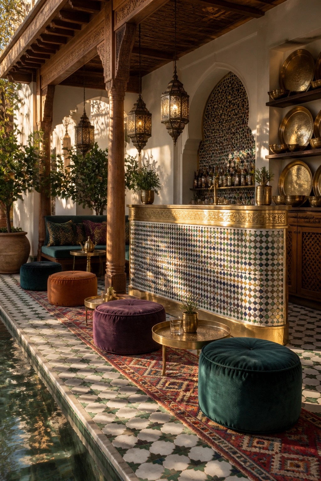 A mosaic-tiled outdoor bar with gold trim sits beside a rectangular pool, with velvet poufs and patterned rugs on the tiled deck.
