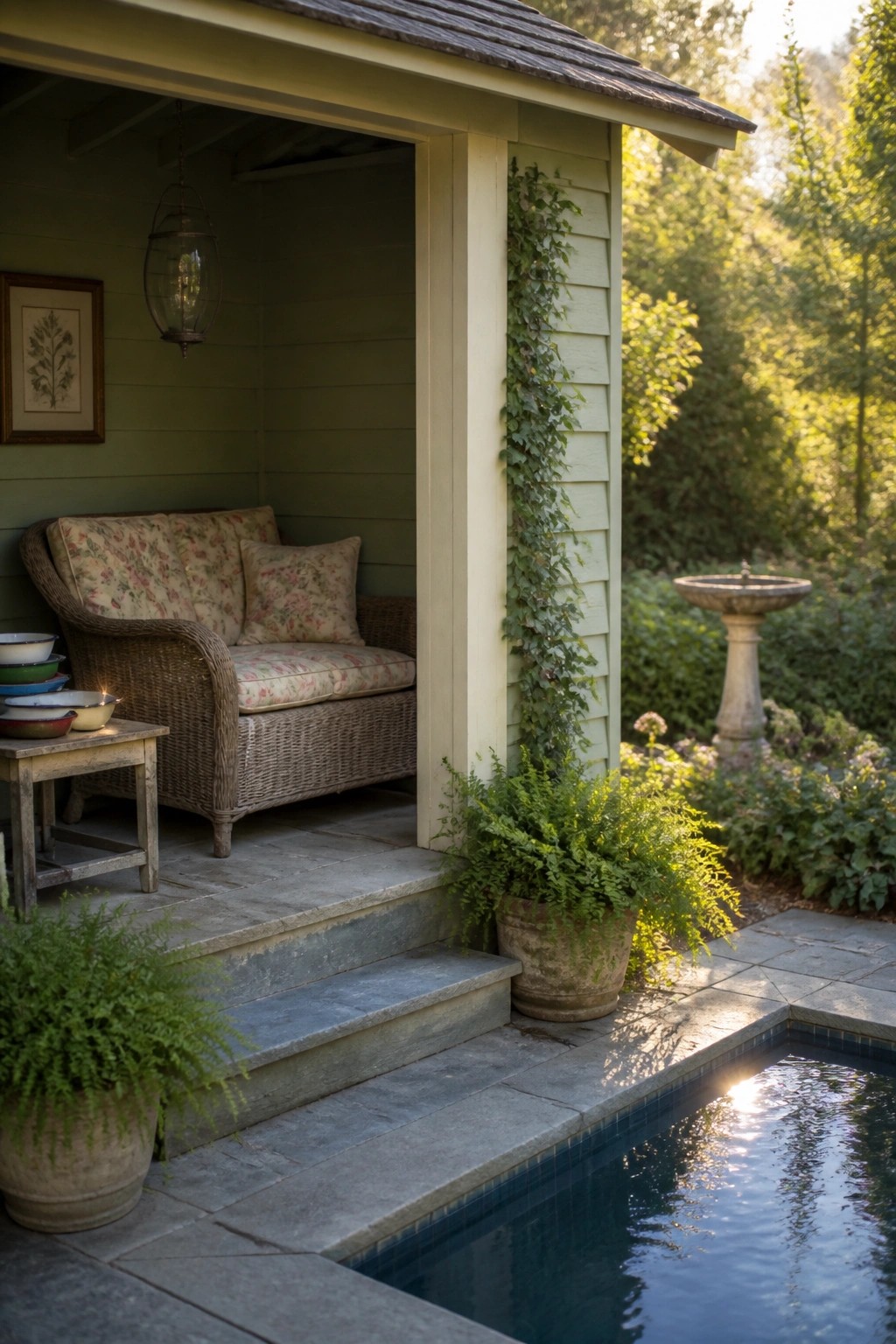 Cozy wicker sofa with floral cushions in green garden shed by pool