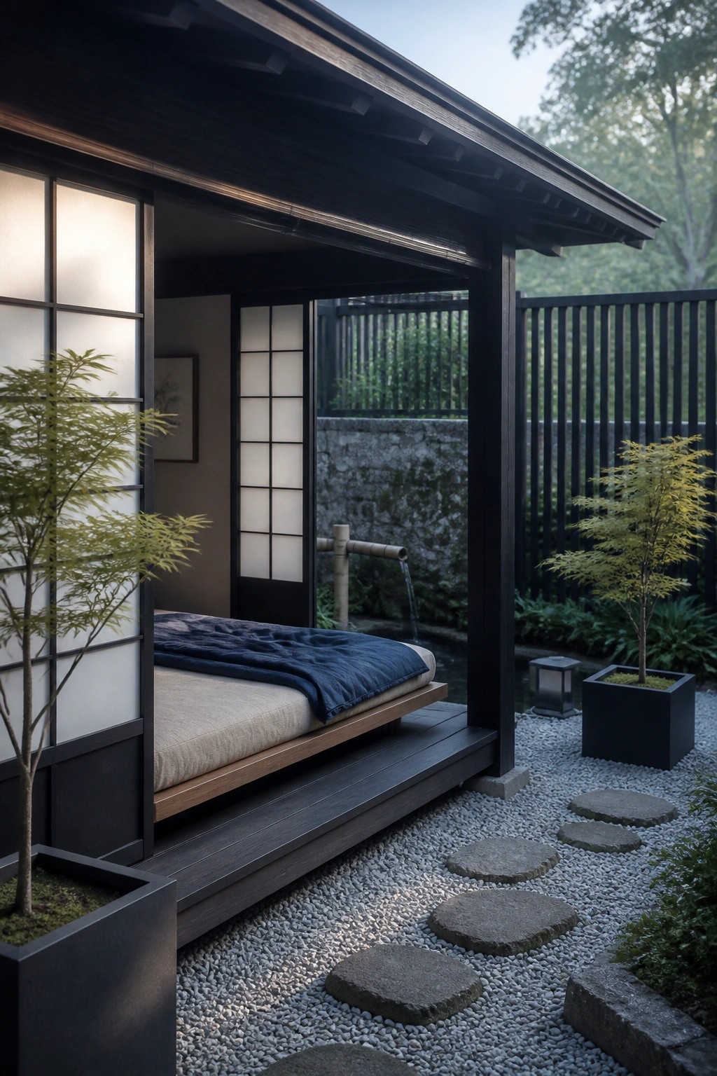 A dark wood cabana with an open side showing a low platform bed with beige and blue bedding, set beside a gravel path with stone stepping stones and potted trees.