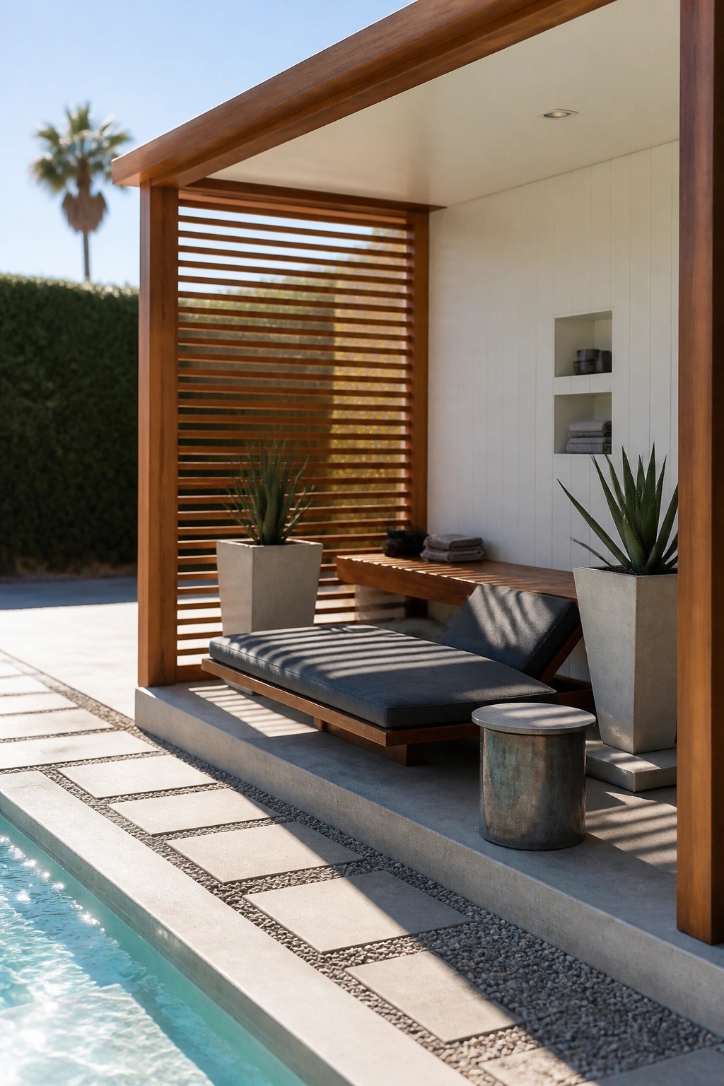 A poolside cabana with a horizontal wooden slat screen, built-in bench, lounge chair, and two potted agave plants next to a swimming pool.