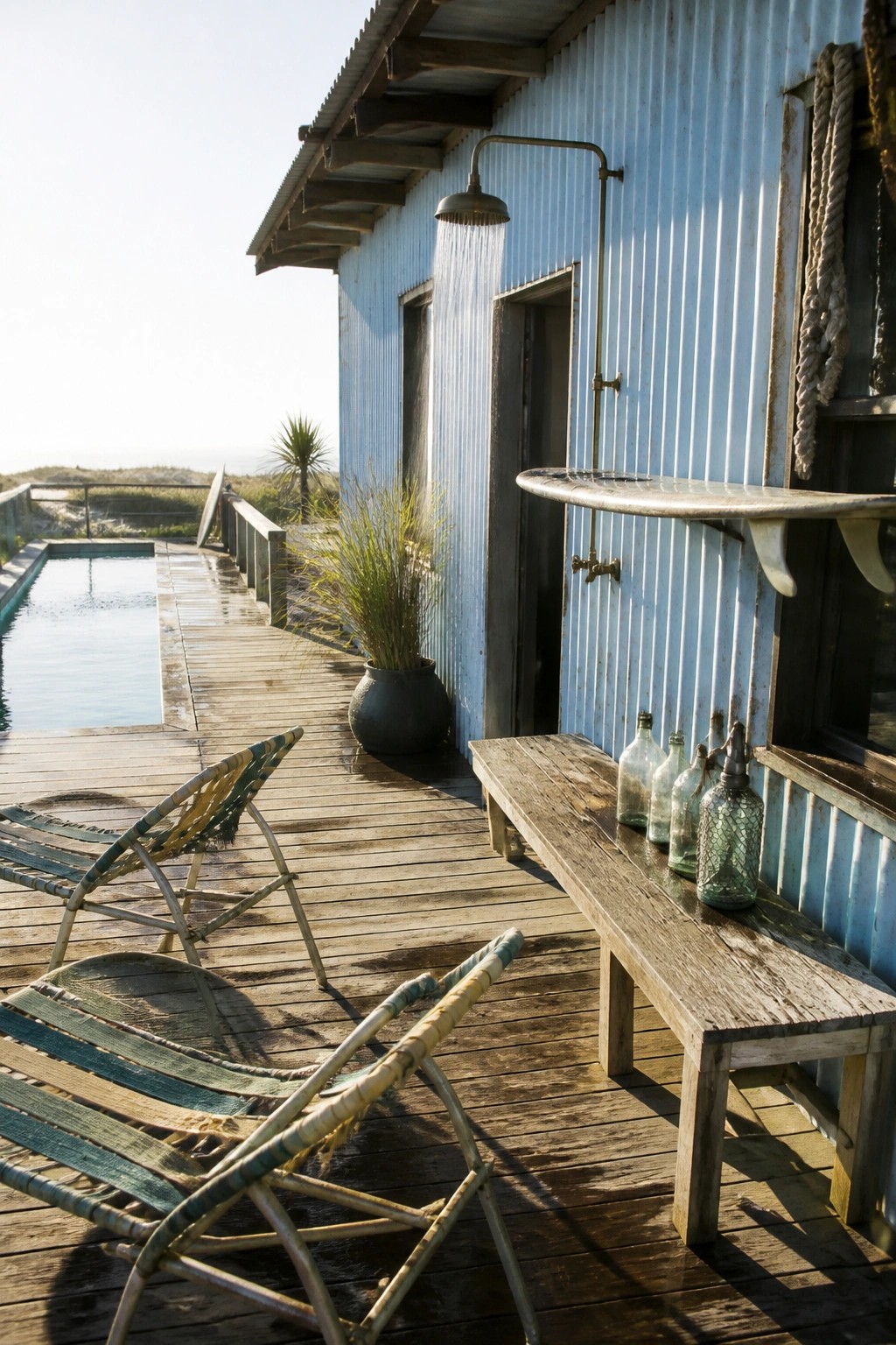 An outdoor shower with water running from a metal pipe mounted on a light blue corrugated building next to a wooden deck, pool, and lounge chairs.