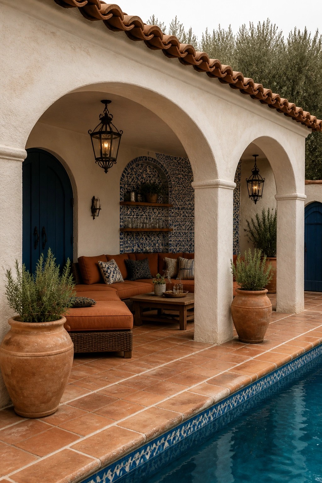 A white stucco pool cabana with multiple arches, terracotta tile roof, orange sectional sofa, wooden coffee table, and large clay pots next to a blue swimming pool with decorative tile border.